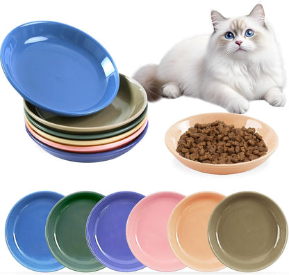 6 Pack Cat Food Bowl, Ceramic Cat Bowls, anti Whisker Fatigue Cats Bowl Set | 5.5 Inches Shallow Wide Kitten Plates for Food and Water (White-A)10
