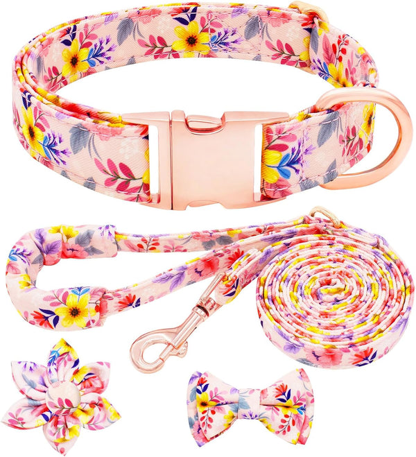 Dog Collar and Leash Set Girls Adjustable Puppy Collars with Floral Bow Tie for Small Medium Large Female Dogs, Orange Flower, S8