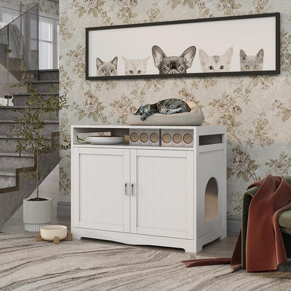 31.5" L White Cat Litter Box Enclosure with Hidden Plug & 2 Doors, Indoor Large Cat Washroom Storage Bench Side Table3
