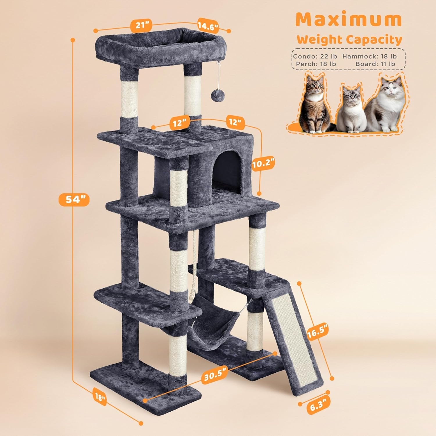 yaheetech-54in-cat-tree-tower-for-large-cats-multi-level-condo-hammock-sisal-scratching-posts-roomy-condo-holds-up-to-22-lb-a-wide-21-inch-top-perch-fit-large-cats-dark-gray