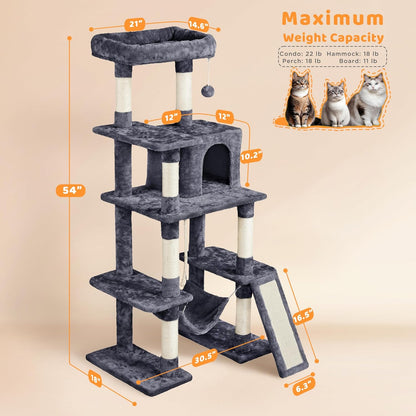 Yaheetech 54In Cat Tree Tower for Large Cats, Multi-Level Condo & Hammock | Sisal Scratching Posts, Roomy Condo Holds up to 22 Lb, a Wide 21-Inch Top Perch Fit Large Cats, Dark Gray3