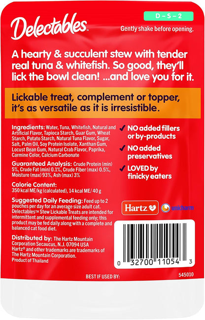 Delectables Lickable Treat Stew Wet Cat Treat with Real Tuna & Whitefish, Food Topper, Hydrating, Grain-Free, No Fillers, No By-Products, No Added Preservatives, 1.4Oz Pouch, 12Ct7