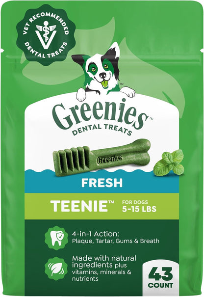 Greenies Teenie Natural Dental Dog Treats, Fresh Mint Flavor, 43 Count | Veterinarian-Recommended, for Dogs 5-15 Lbs, Cleans Teeth, Freshens Breath, Promotes Oral Health, 12 Oz. Pack1