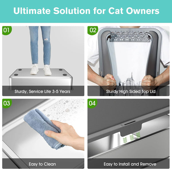 2PACK Stainless Steel Cat Litter Box with High Sides Lid, Extra Large XL Litter Box for Big Cats, Metal Kitty Litter Boxes with Anti-Leakage Enclosure,Non-Stick,Odorless,Scoop Included5