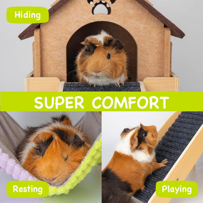 BESNEW 3 in 1 Enlarged Guinea Pig Hammock,Wooden Guinea Pig Hideout with House & Platform & Stairs Small Animal Toys for Hiding Sleeping Activities3