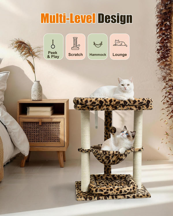 SYANDLVY Leopard Print Small Cat Tree with Top Perch, Hammock & Bottom Bed | 3 Level, Natural Sisal Scratching Post Tower with Hanging Bell Ball and Anti-Tip Strap, Stable Indoor Cat Furniture5