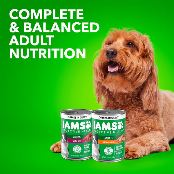 IAMS Proactive Health Pack Wet Dog Food, Beef & Chicken, 13 Oz, 12 Pack | Chunks in Gravy, Omega 6 Fatty Acids, Supports Healthy Skin, Muscles & Digestion, 13 Oz. Cans, No Artificial Flavors10