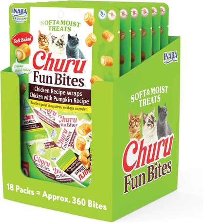 INABA Churu Fun Bites Chewy Cat Treats, Chicken, 18Ct | Immune Support, Antioxidant Support, 69% Moisture, Low Calorie, Grain-Free, Preservative-Free, 18 X 0.42 Oz Tetras Packs10