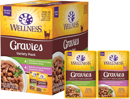 Wellness Healthy Indulgence Morsels Variety Pack Adult Wet Cat Food, Natural, Protein Rich, Grain Free, 2 Flavors, 3 Oz, Pack of 8 Pouches9