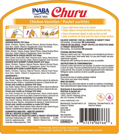 INABA Churu Cat Treats, Grain-Free, Lickable, Squeezable Creamy Purée Cat Treat/Topper with Vitamin E & Taurine, 0.5 Ounces Each Tube, 50 Tubes, Chicken Variety2