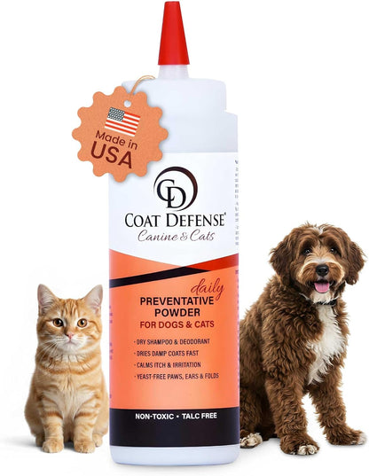 COAT DEFENSE Daily Preventative Powder | Made in USA | 9Oz Precision Point Waterless Dog Shampoo & Pet Deodorizer for Smelly Dogs | Provides anti Itch Relief | Dog Shampoo for Dry Itchy Skin1