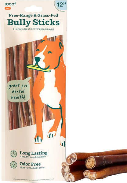 WOOF Bully Sticks Dog Treats - Chew Sticks for Dogs - Long-Lasting Dog Chew Treats - Made with Free-Range, Grass-Fed Beef - 6" Sticks - 10Pk8