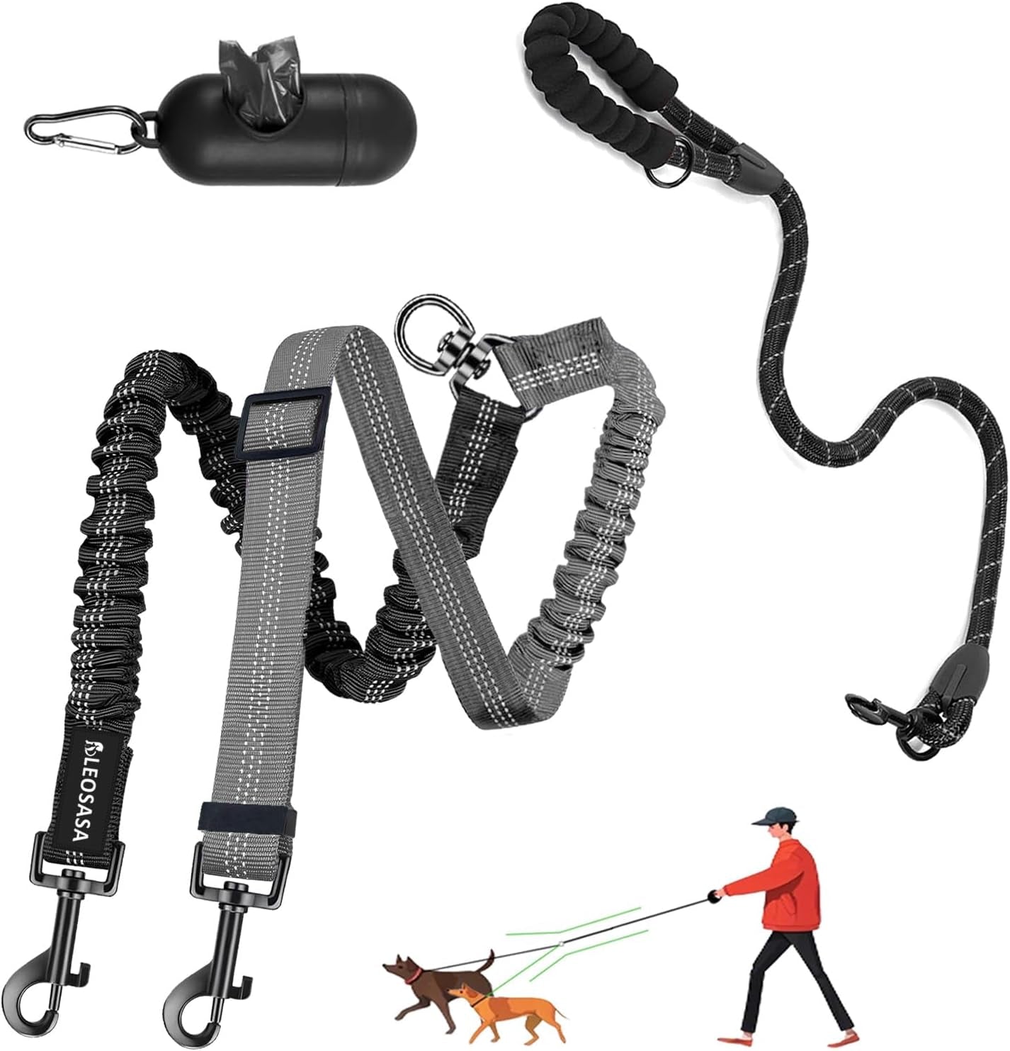 double-dog-leash-360-swivel-tangle-free-splitter-attachment-2-dogs-multi-functional-leashes-dual-rope-for-outdoor-walk-train-small-medium-large-two-pet-pink