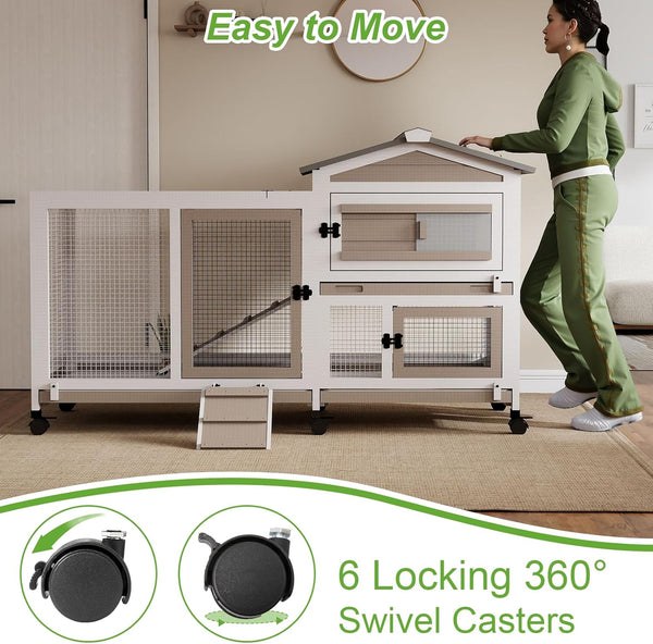 2 Story Rabbit Hutch Outdoor Indoor, Wooden Bunny Cage with 6 Lockable Wheels, 3 Removable No Leakage Pull Out Trays, Chew-Proof Ramp & Waterproof Roof, Ideal for Rabbit & Guinea Pig3