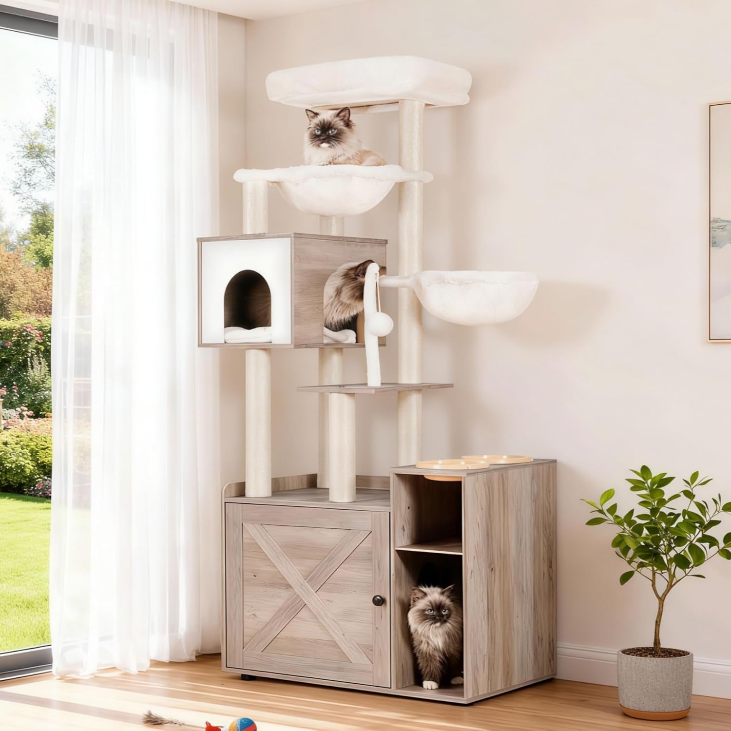 hey-brother-cat-tree-tower-food-station-xl-litter-box-enclosure-mpj101sg-48-81-inches-wooden-all-in-one-cat-furniture-large-hammock-bed-scratching-posts-big-basket-for-indoor-cats-rustic-gray