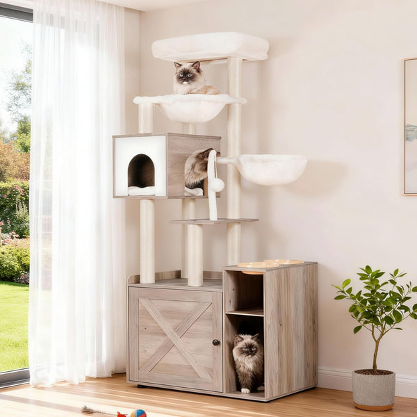 Hey-Brother Cat Tree Tower, Food Station, XL Litter Box Enclosure, MPJ101SG | 48.81 Inches Wooden All-In-One Cat Furniture, Large Hammock, Bed, Scratching Posts, Big Basket for Indoor Cats, Rustic Gray10