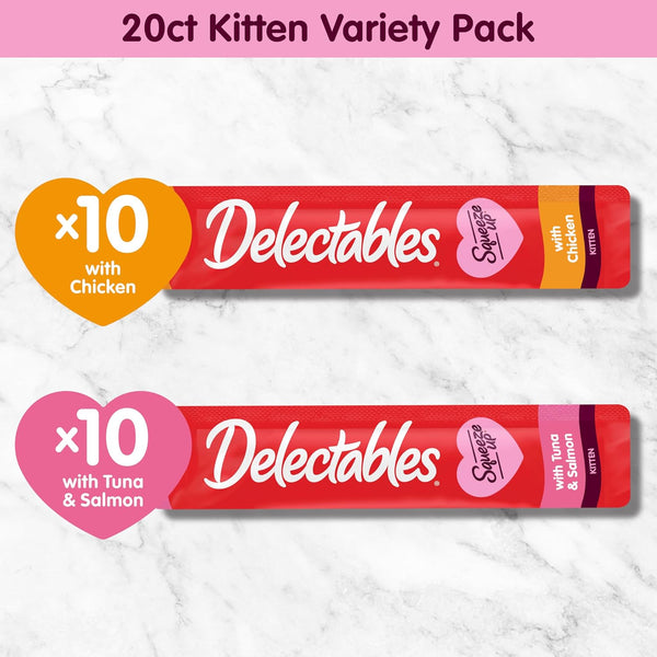 Delectables Squeeze up Kitten Variety Pack, Creamy Squeezable Puree, Lickable Wet Cat Treats, Grain Free, No Added Fillers, No By-Products, No Added Preservatives, 0.5 Ounces Tube, 20 Tubes Total7
