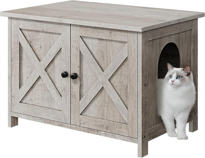 JY QAQA Cat Litter Box Enclosure,Litter Box Furniture Hidden with Barn Door,Wooden Washroom Furniture,Cat House,Fit Most of Litter Box1