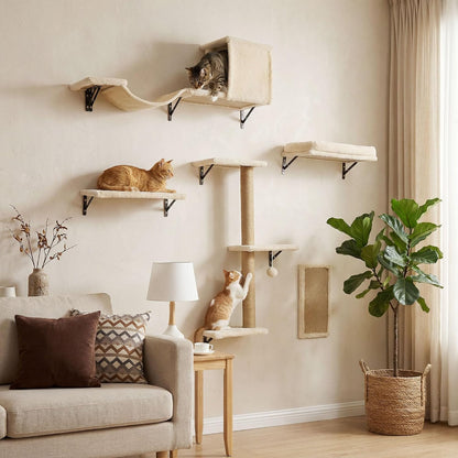 MEWANG 5-In-1 Cat Wall Shelves: Cat Climbing Furniture with Wall Mounted Perch & Lounge for Indoor Cats, Space-Saving Wall Pet Shelves for Play & Rest - Beige7