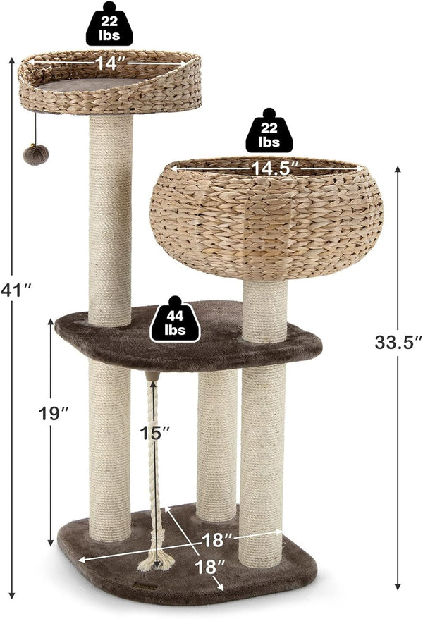 PETSITE 41 Inch Modern Cat Tree for Indoor Cats, Multi-Level Cat Tower with Scratching Posts, Hand-Made Wicker Cat Condo & Top Perch, Dangling Ball, Sisal Rope, Cute Cat Tree for Indoor Cats6