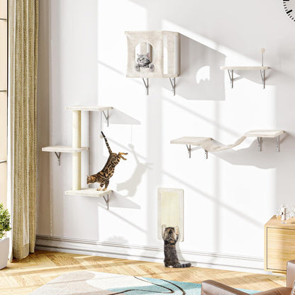 NUNU LAB Wall Mounted Cat Furniture Set - 6 Pcs Climber Set with House, Bridge, Steps, Scratcher Board - DIY Walls Playground, Indoor Cat Shelves - Gray25