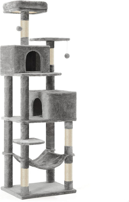 Feandrea Cat Tree, 59.5-Inch Tall Cat Tower, Plush Multi-Level Condo with 5 Scratching Posts, 2 Perches, 2 Caves, Hammock, 2 Pompoms, Light Gray UPCT192W0121