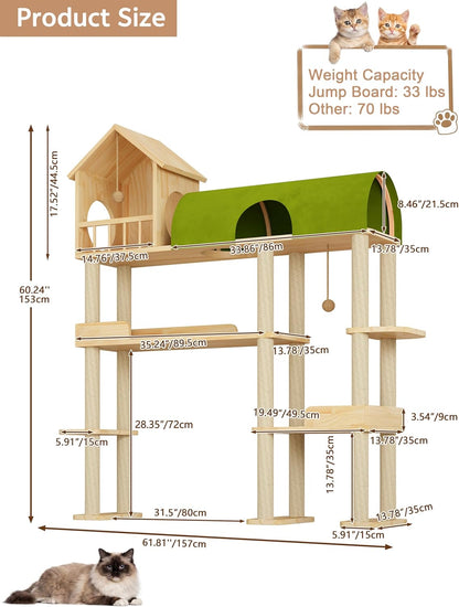 60'' Cat Tree for Automatic Litter Box, for Heavy Cats up to 22Lbs | Solid Wood Large Cat Tower with Tunnel & House, Space-Saving for Indoor Multi-Pet Households, Stops Furniture Scratching2