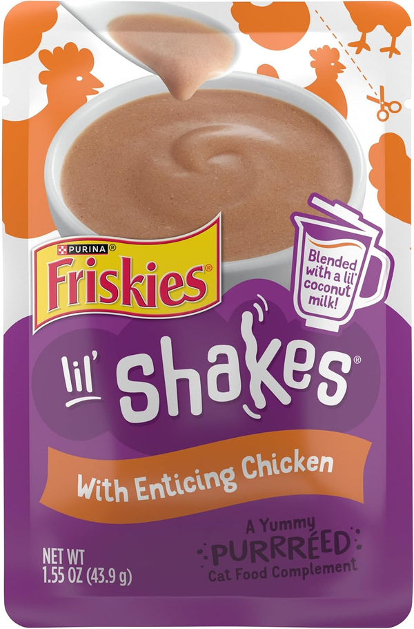 Purina Friskies Pureed Cat Food Topper, Lil’ Shakes with Enticing Chicken Lickable Cat Treats - (Pack of 16) 1.55 Oz. Pouches1