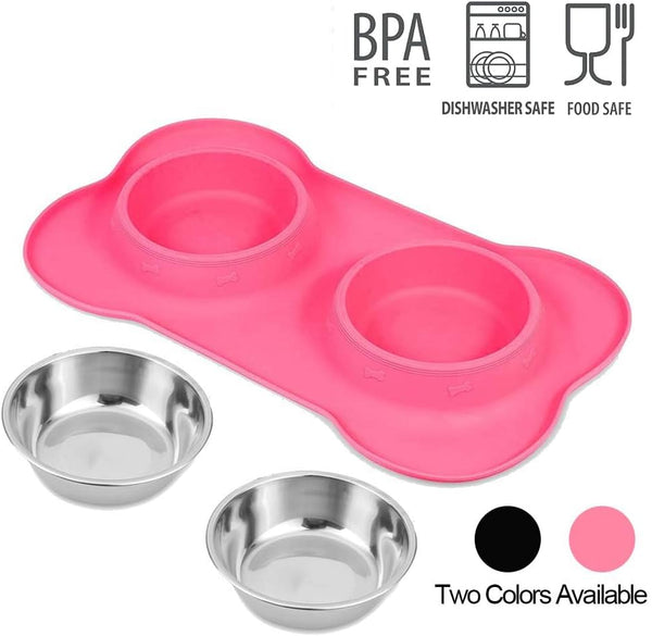 Asfrost Dog Food Bowls Stainless Steel Pet Bowls & Dog Water Bowls with No-Spill and Non-Skid, Feeder Bowls with Dog Bowl Mat for Dogs Cats and Pets-Pink, 24 0Z in Total3