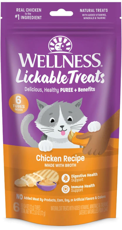 Wellness Lickable Soft Puree Cat Treats, All Lifestages, Kitten to Senior, Natural, Grain Free, Chicken Flavor, 0.4 Oz, Pack of 6 Tubes1