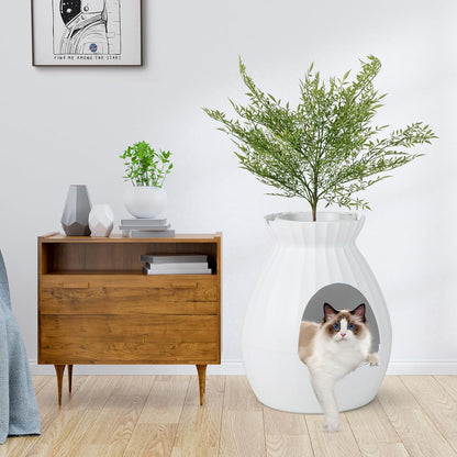 Giantex Cat Litter Box Plant - Hidden Litter Box Furniture with Electronic Odor Removal System, Detachable Door Curtain, Scoop, Cat Litter Box Enclosure Planter Home Decor, Easy to Clean (White)9