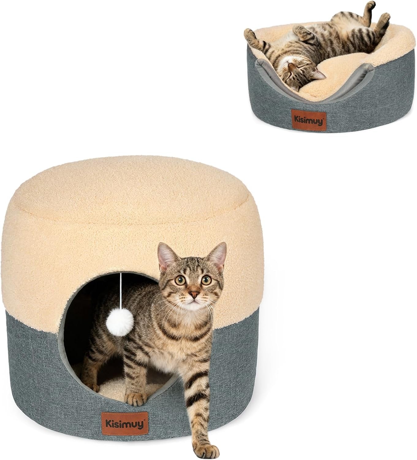 2-in-1-foldable-cat-bed-for-indoor-cats-cat-cave-sofa-bed-15-7d-x-13h-reversible-plush-linen-cushion-enclosed-cat-bed-hanging-cat-toys-non-slip-small-cat-house-grey