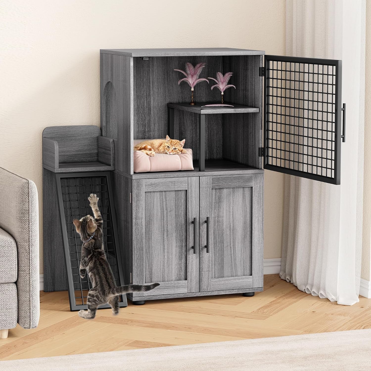 idealhouse-modern-cat-litter-box-enclosure-with-platform-double-layer-hidden-litter-box-indoor-washroom-villa-cat-house-with-ladder-33-5-l-x-17-9-w-x-41-9-h-dark-grey