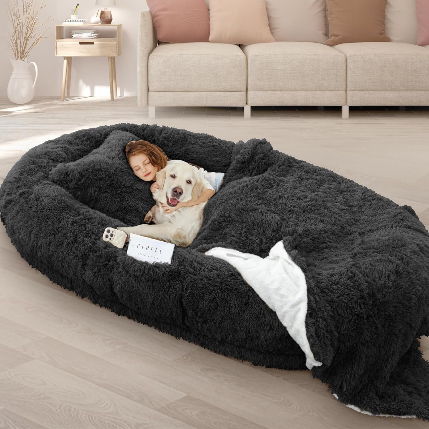 roomtec-human-dog-bed-71x45x12-size-fits-adult-and-pet-washable-giant-people-bed-10-cm-thick-memory-foam-large-oversize-pet-bed-with-plump-pillow-blanket-strap-grey