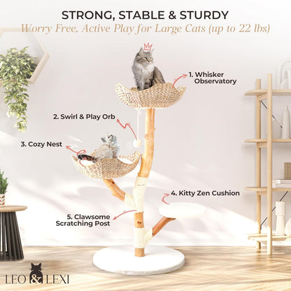 LEO & LEXI Aesthetic, Real Wood Modern Cat Tree. 46 Inches Tall, Sturdy, Solid Natural Wood Tower for Large Cats. Scratching Post with Wicker Basket Bed, Luxury, Boho Furniture for Indoor Cats2
