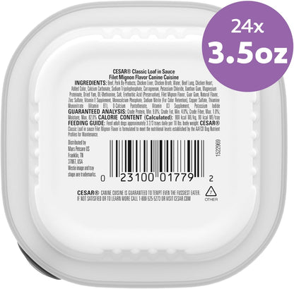 Cesar Classic Loaf in Sauce Wet Dog Food, Filet Mignon, 3.5 Oz, 24 Count | Made in USA, Real Beef #1 Ingredient, No Fillers/Added Sugar/Artificial Flavors, Use as Meal or Topper, Easy Peel Trays9