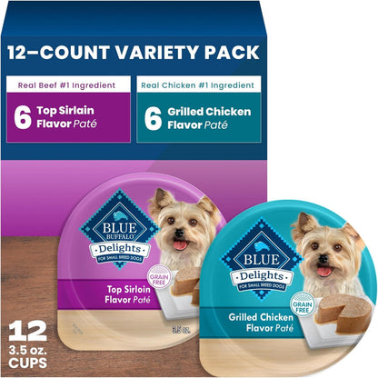Blue Buffalo Delights Variety Pack Natural Grain Free Wet Dog Food for Small Breed Dogs (Top Sirloin Flavor Paté and Grilled Chicken Flavor Paté) with Natural Ingredients, 3.5-Oz. Each (12 Cups)1