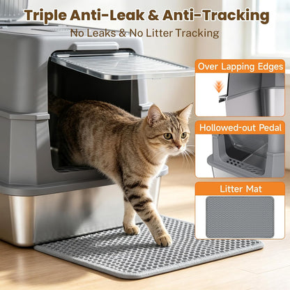 Enclosed Stainless Steel Litter Box, XL Covered Metalpan Includes Mat Scoop | Easy Cleaning Anti-Urine Leakage Non-Sticky Front Entry Top Exit3