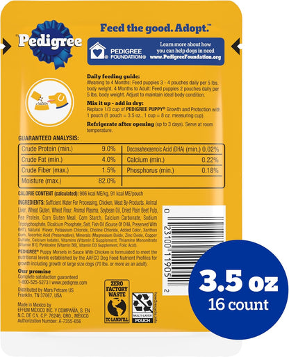 Pedigree Puppy Morsels Wet Dog Food Pouch, Chicken, 3.5 Oz, 16 Count | Steam Cooked, High Quality Animal Protein, DHA Brain Support, Calcium for Teeth & Bones, Topper or Complete Meal2