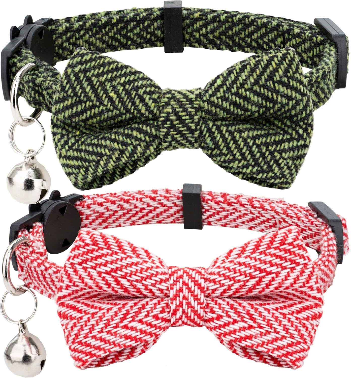 cat-collar-breakaway-bowtie-safety-with-bell-adjustbale-kitten-puppy-solid-plaid-color-set-d-2pcs-pink-2