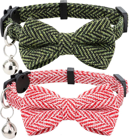 Cat Collar Breakaway Bowtie Safety with Bell Adjustbale Kitten Puppy Solid Plaid Color Set D-[2Pcs] Pink-211