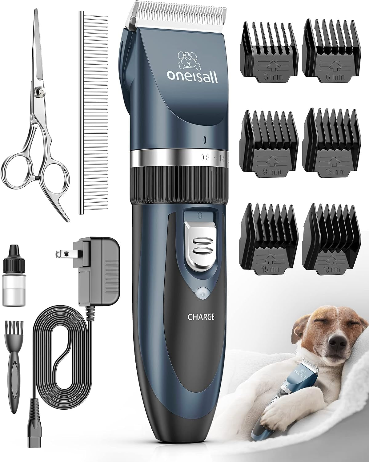 oneisall-dog-clippers-grooming-kit-for-dogs-cats-pets-low-noise-rechargeable-cordless-long-battery-life-simple-for-beginners-6-guide-combs-removable-rinsable-blade
