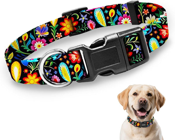 Kazazoo Dog Collar Cute and Soft Nylon Puppy Collar Girl Dogs, Adjustable Purple Dog Collars for Medium Dogs, Purple Flowers-M45