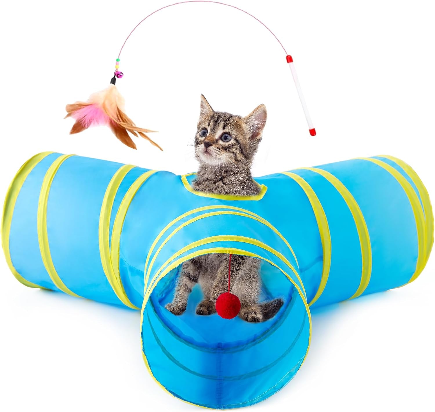 love-s-cabin-cat-tunnel-for-indoor-cats-3-way-collapsible-play-tunnel-with-teaser-wand-peek-holes-toy-ball-small-pet-toy-for-kittens-rabbits-black-blue-small-size