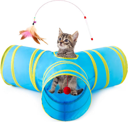 Love’S Cabin Cat Tunnel for Indoor Cats, 3-Way Collapsible Play Tunnel with Teaser Wand, Peek Holes & Toy Ball, Small Pet Toy for Kittens & Rabbits, Black & Blue, Small Size13
