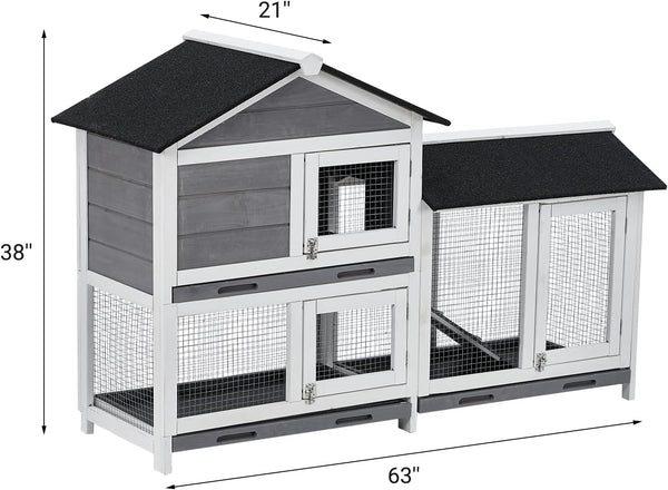 Garvee 58'' Bunny Hutch Indoor Bunny Cage, with 3 Removable Trays | Wooden Waterproof Roof Rabbit Hutch Indoor/Outdoor, 2-Tier Bunny House/Chicken Coop, Gray and Black8