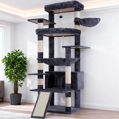 Heybly Cat Tree, 71-Inch-Tall Tower for Indoor Cats with 2 Perches HCT034W | Large Cat Furniture with 2 Big Condos, 2 Hammocks, Basket, Scratching Pad, Multi-Level Cat Condo, Light Gray17