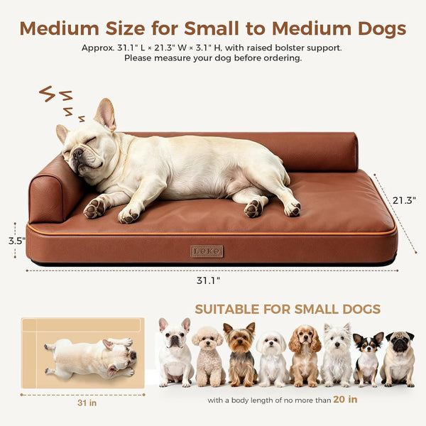 Outdoor Waterproof Dog Bed for Small Dogs, Egg Crate Foam Crate Pad with Raised Bolster, Removable Washable Leather-Look Cover, Non-Slip Bottom, Brown, for Dogs up to 20 In. Long2