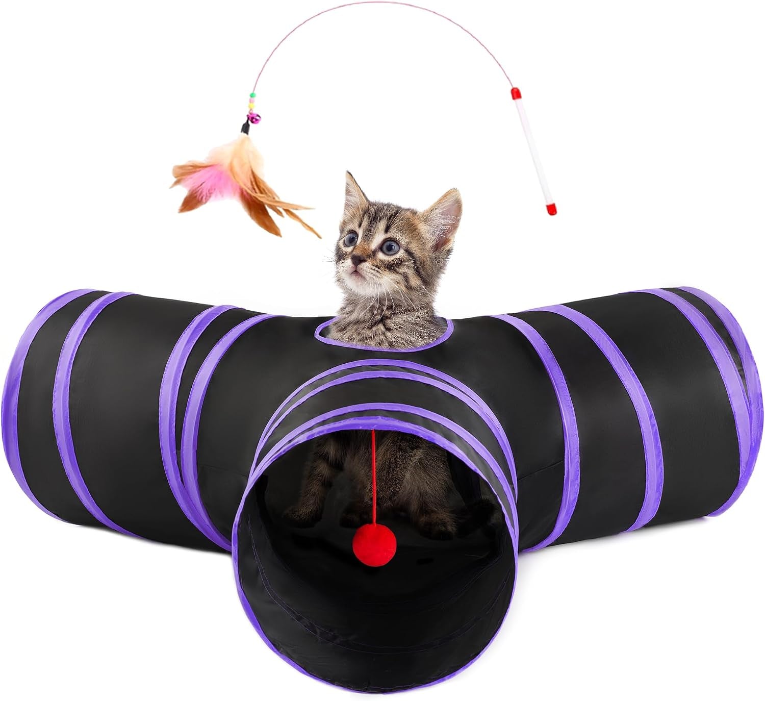 love-s-cabin-cat-tunnel-for-indoor-cats-3-way-collapsible-play-tunnel-with-teaser-wand-peek-holes-toy-ball-small-pet-toy-for-kittens-rabbits-black-blue-small-size