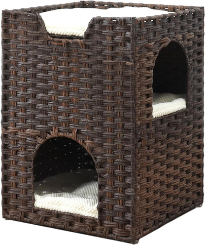 Cat Bed for Indoor Cats, a Stylish Cat Hideaway & Cat House - Handwoven Rattan Cat Cave Bed with Soft Cushion, Foldable Cat Cubes for Indoor Cats, Sturdy Cat Perch & Furniture Coffee Brown1